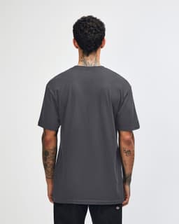 A unisex fine jersey short sleeve T-shirt in dark grey, displayed from the back. It features a logo.