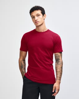 A unisex fine jersey short sleeve t-shirt in burgundy, featuring a logo on the front.