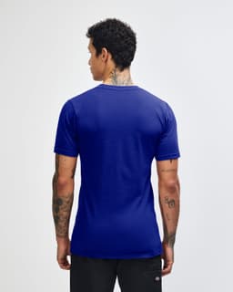 A blue unisex short sleeve T-shirt viewed from the back, featuring a plain design and a round neckline.