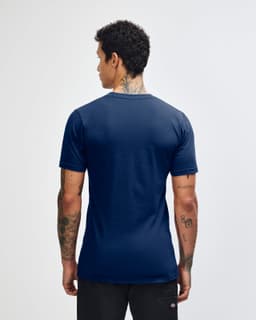 A navy blue unisex short sleeve T-shirt displayed from the back, featuring a visible logo.