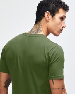 A fitted olive green short sleeve t-shirt displayed from the back, featuring a visible logo on the garment.