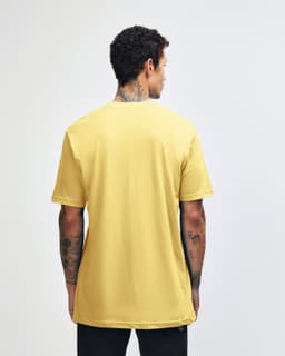 A unisex fine jersey short sleeve t-shirt in bright yellow, viewed from the back. It features a logo.