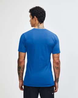 A blue short sleeve t-shirt with a logo on the back, featuring a fitted design and a smooth jersey fabric.