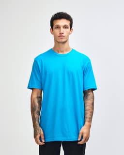 A unisex fine jersey short sleeve T-shirt in bright blue, featuring a logo on the front.
