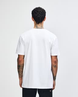 A white unisex short sleeve t-shirt, featuring a simple design and a logo on the back.