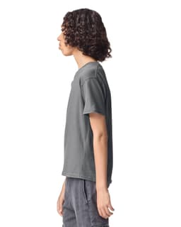 A grey youth t-shirt displayed from the side, featuring a simple design and a small logo.