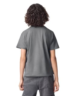 A grey fine jersey youth t-shirt featuring a logo, viewed from the back.