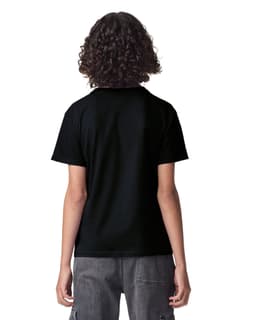 A black youth T-shirt featuring short sleeves and a round neckline, with a logo on the back.