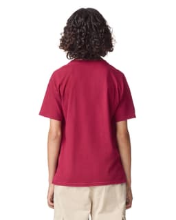A red youth T-shirt featuring a back view, with a simple design and a logo on the label.