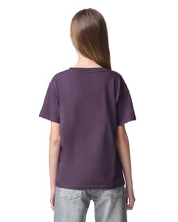 A purple youth t-shirt featuring a simple design and a logo on the back.