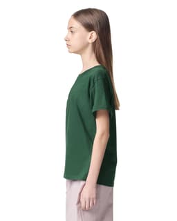 A youth t-shirt in dark green, featuring a crew neck and short sleeves, displayed on a model from the side.