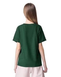 A green youth T-shirt featuring a plain design, viewed from the back with short sleeves.
