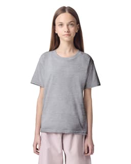 A youth t-shirt in grey, featuring a classic crew neckline and short sleeves. It has a logo on the front.