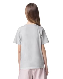 A grey youth t-shirt featuring a simple design and short sleeves, with a logo on the back.