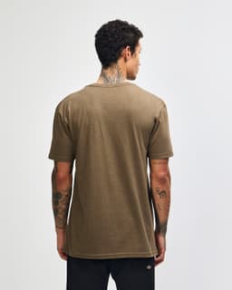 A unisex Henley T-shirt in brown, featuring a logo, viewed from the back.