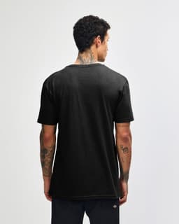A black unisex Henley T-shirt from American Apparel, featuring a simple design and a logo on the back.