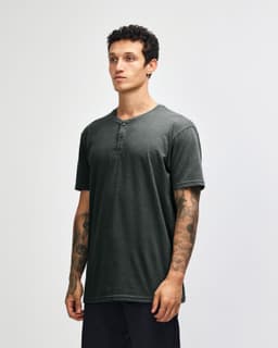 A unisex Henley T-shirt in dark grey, featuring a three-button placket and a relaxed fit.