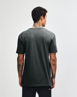 A unisex henley T-shirt in dark grey, featuring a plain back and casual fit. It includes a logo.