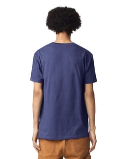 A unisex henley T-shirt in navy blue with a regular fit and a logo on the back.