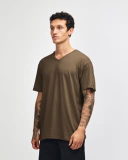 A unisex olive green V-neck T-shirt with short sleeves, featuring a branding logo.