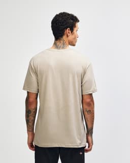 A unisex V-neck T-shirt in a beige colour, displayed from the back. The shirt features a logo.