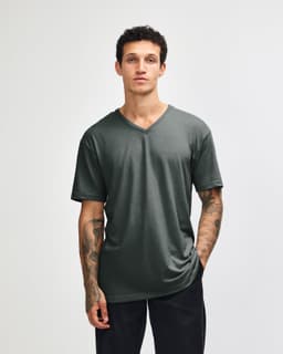A unisex v-neck t-shirt in dark grey, featuring short sleeves and a logo on the front.