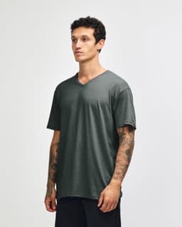 A unisex V-neck T-shirt in dark charcoal, featuring short sleeves and a fitted design. Includes a logo.