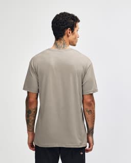 A unisex V-neck T-shirt in a neutral grey colour, featuring a plain back without logos or designs.