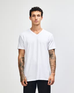 A white unisex V-neck T-shirt with short sleeves and a branded logo, displayed on a model.