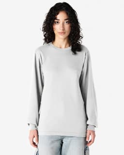 A grey long sleeve T-shirt featured on a model, made from fine jersey fabric, with a simple design and no visible logos.