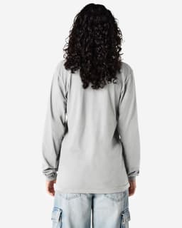 A long sleeve grey t-shirt with a back view, featuring a logo on the upper back.