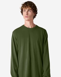 A long sleeve t-shirt in olive green, featuring a plain design and a logo on the chest.