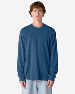 A long sleeve t-shirt in a deep blue hue, featuring a round neckline and a logo on the front.