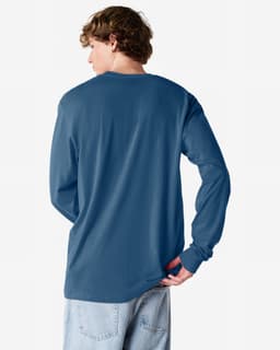 A long sleeve t-shirt in blue, featuring a casual fit and a logo on the back.