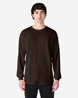 A long-sleeve T-shirt in dark brown, featuring a round neck and a logo on the side.