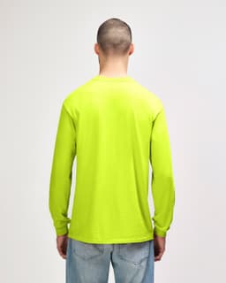 A long sleeve T-shirt in bright yellow with a plain back, featuring a logo on the front.