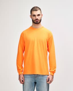An orange long sleeve T-shirt featuring a back view of a model. The shirt has a logo.