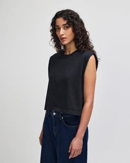 A grey muscle t-shirt with a cropped design, featuring shoulder cutouts and a plain logo.