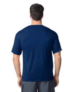 A dark navy Gildan Performance adult t-shirt, viewed from the back, featuring short sleeves and a smooth fabric.