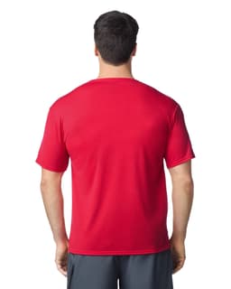 A red Gildan Performance adult t-shirt displayed from the back, featuring short sleeves and a round neck.