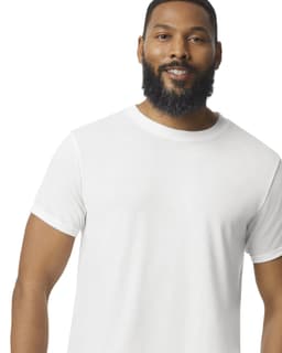 A white adult T-shirt featuring a classic crew neck and short sleeves, displayed on a model with a beard.