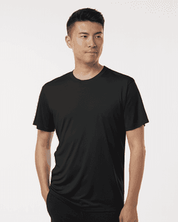 A black men's performance T-shirt with short sleeves, featuring a logo on the garment.