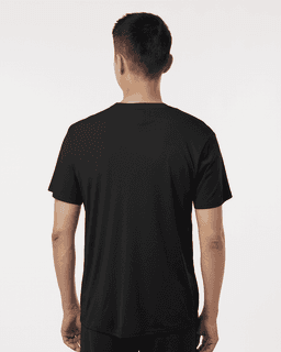 A black men's performance t-shirt viewed from the back, featuring a simple cut and a discreet logo.