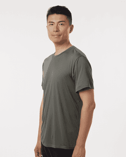 A men's performance t-shirt in a dark grey shade, featuring a logo on the chest.
