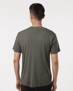 A men's performance T-shirt in a dark green colour, featuring a logo, viewed from the back.
