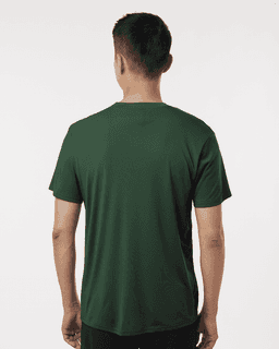 A green men's performance t-shirt featuring a plain design and a logo on the back.