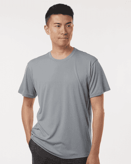 A men's performance t-shirt in grey, featuring a relaxed fit and a branding logo on one sleeve.