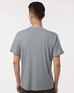 A grey men's performance t-shirt is displayed, featuring a simple design with a logo on the back.