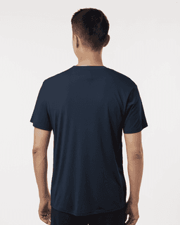 A navy men's performance t-shirt viewed from the back, featuring a simple design and a logo.