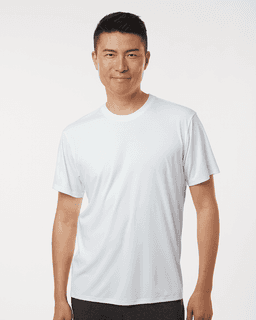 A white men's performance T-shirt featuring short sleeves and a fitted design, with a logo on the chest.